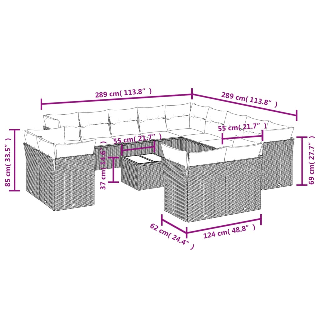 14 pcs conjunto de sofás p/ jardim com almofadões vime PE bege