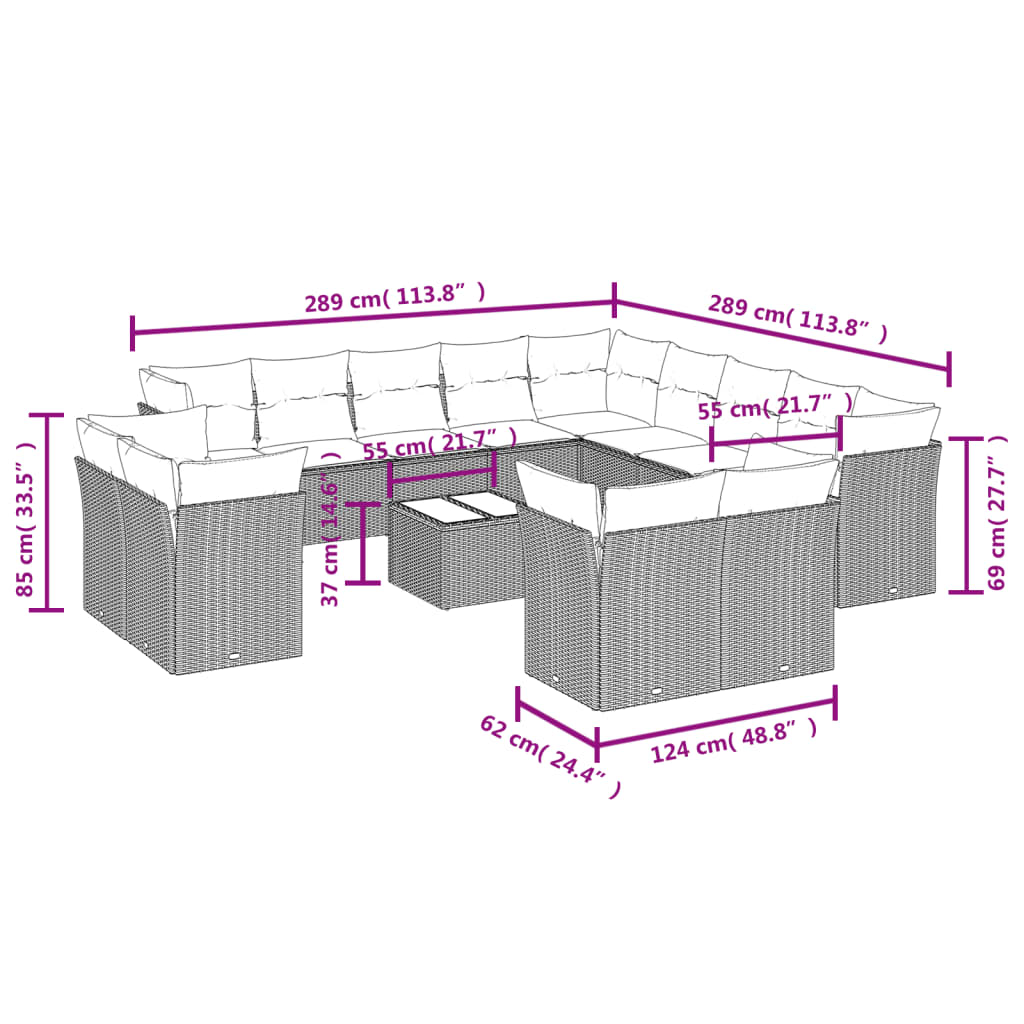 14 pcs conjunto sofás p/ jardim c/ almofadões vime PE castanho