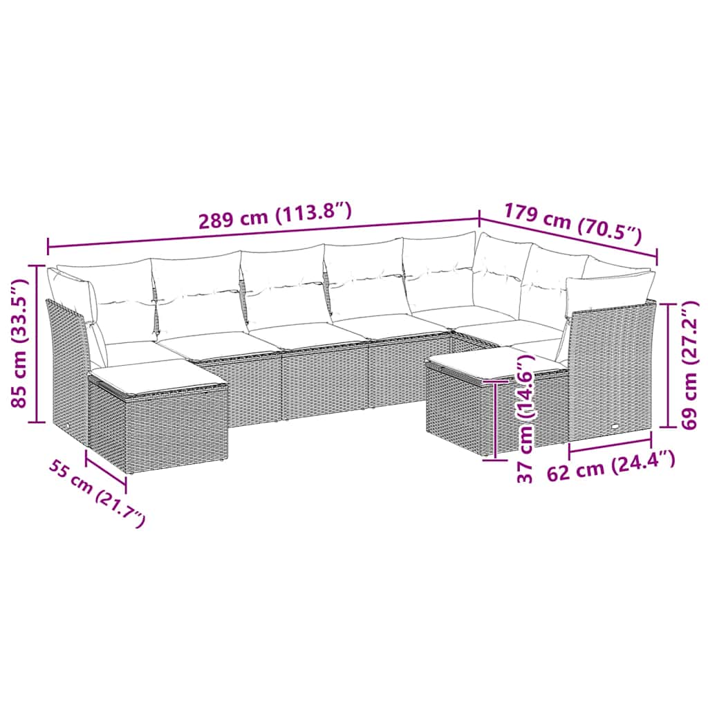 9 pcs conj. sofás jardim com almofadões vime PE cinzento-claro