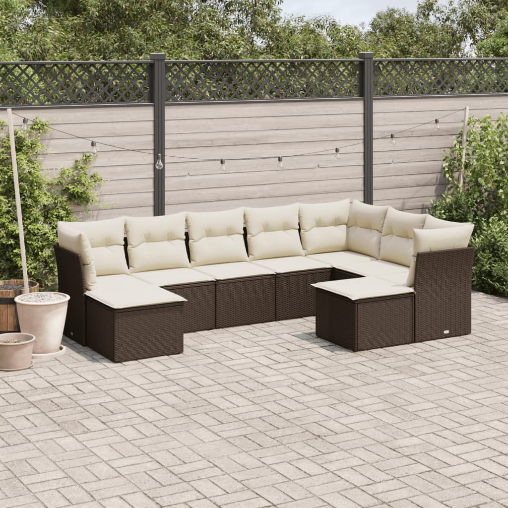 9 pcs conjunto sofás p/ jardim c/ almofadões vime PE castanho