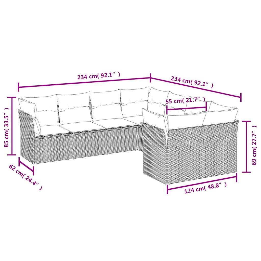 8 pcs conjunto sofás de jardim c/ almofadões vime PE cinzento