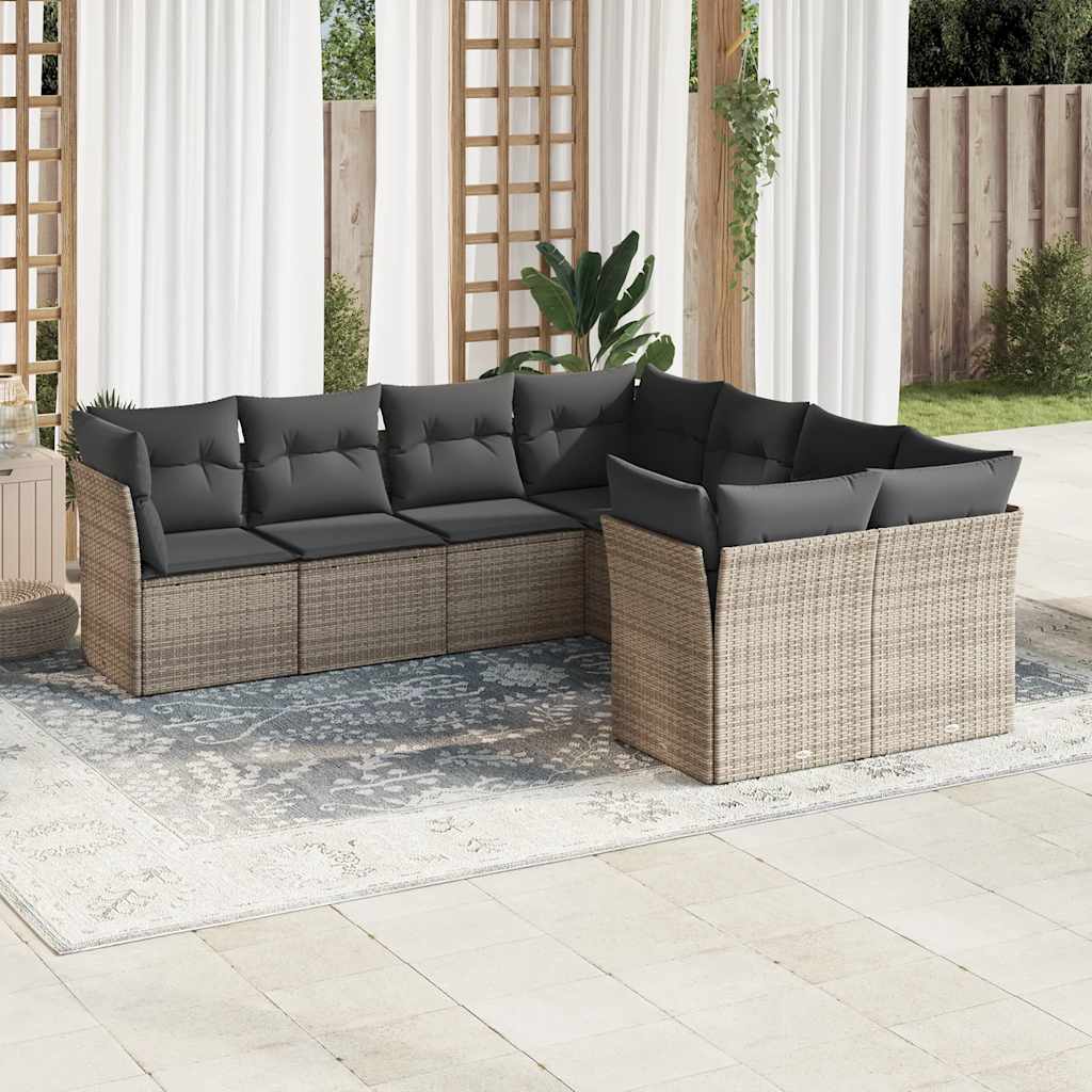 8 pcs conjunto sofás de jardim c/ almofadões vime PE cinzento