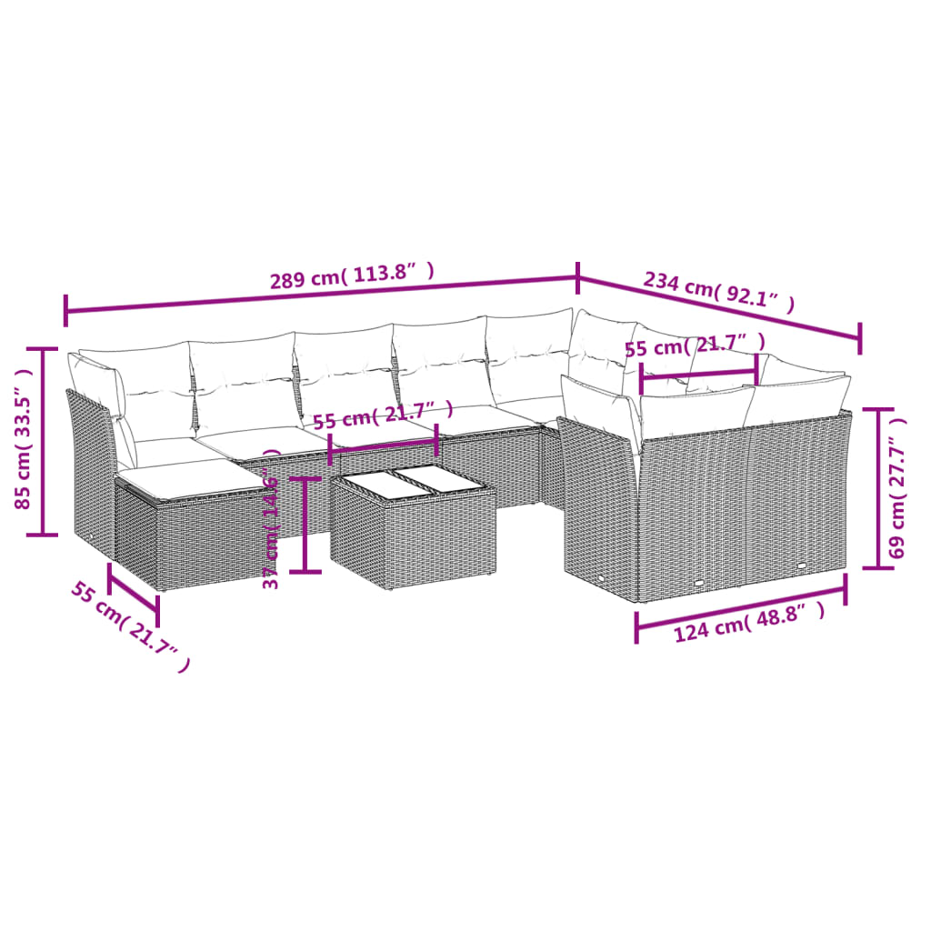 11 pcs conjunto sofás de jardim c/ almofadões vime PE preto