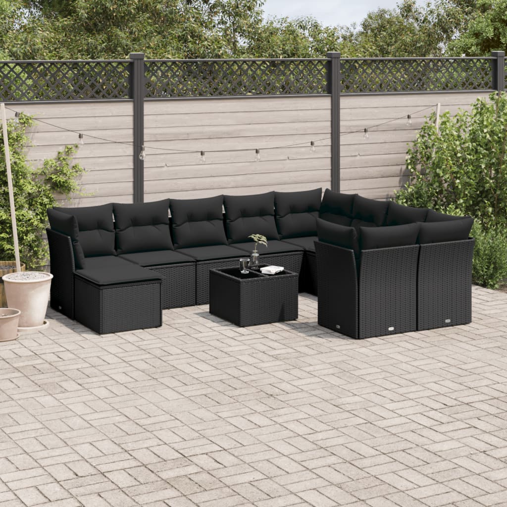 11 pcs conjunto sofás de jardim c/ almofadões vime PE preto