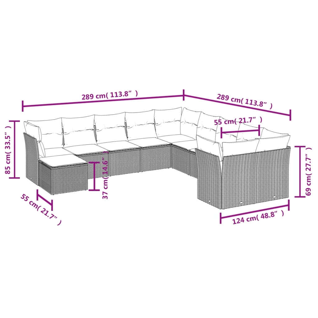 11 pcs conjunto sofás de jardim c/ almofadões vime PE preto