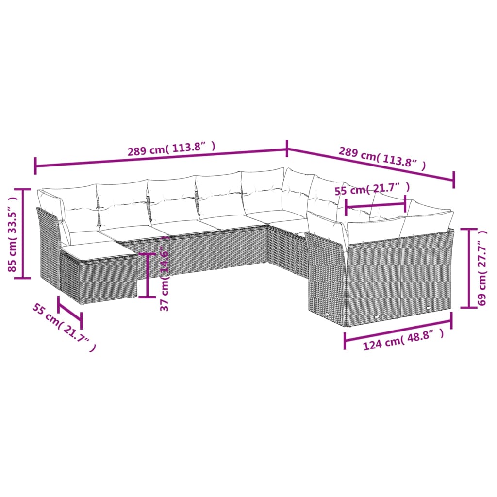 11 pcs conjunto sofás de jardim c/ almofadões vime PE castanho