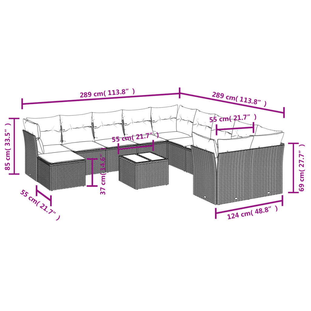 12 pcs conjunto de sofás p/ jardim com almofadões vime PE bege