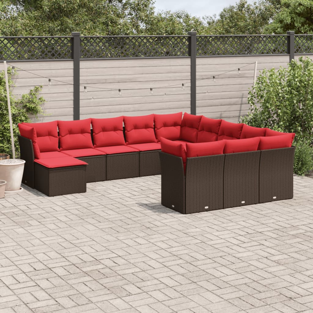 12 pcs conjunto de sofás jardim com almofadões vime PE castanho