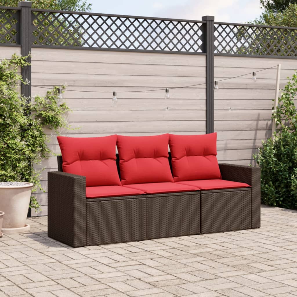 3 pcs conjunto sofás de jardim com almofadões vime PE castanho