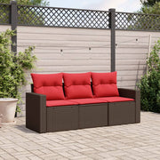 3 pcs conjunto sofás de jardim com almofadões vime PE castanho