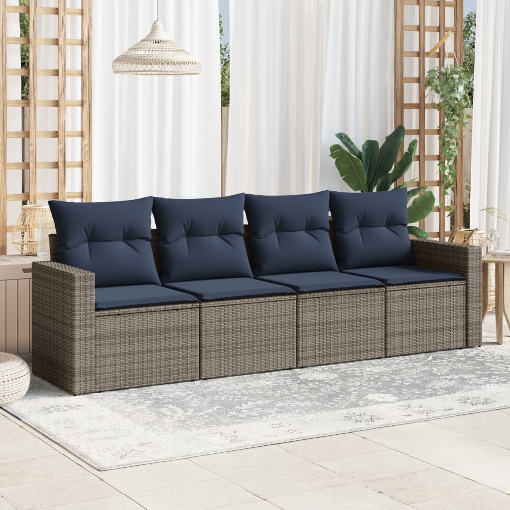 4 pcs conjunto sofás p/ jardim c/ almofadões vime PE cinzento