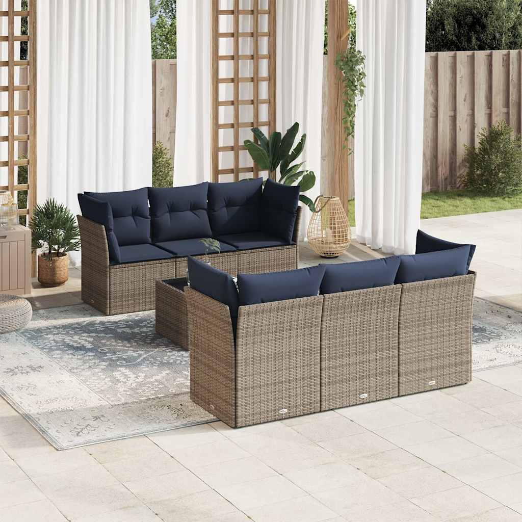 7 pcs conjunto sofás p/ jardim c/ almofadões vime PE cinzento