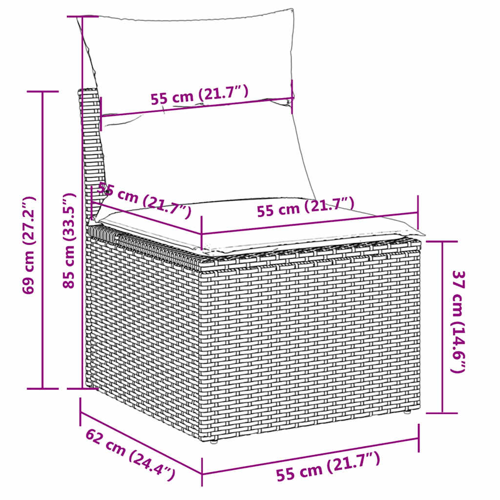 7 pcs conjunto sofás p/ jardim c/ almofadões vime PE cinzento