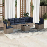 7 pcs conjunto sofás p/ jardim c/ almofadões vime PE cinzento