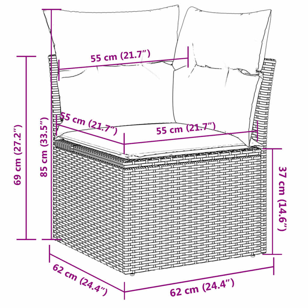 7 pcs conjunto sofás p/ jardim c/ almofadões vime PE cinzento