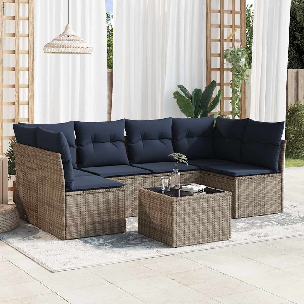 7 pcs conjunto sofás p/ jardim c/ almofadões vime PE cinzento