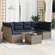 7 pcs conjunto sofás p/ jardim c/ almofadões vime PE cinzento