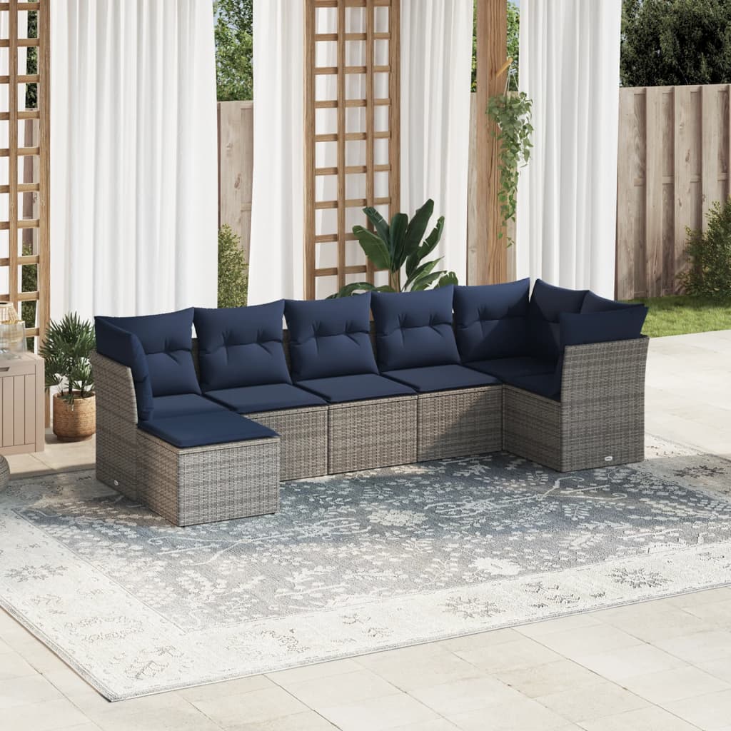 7 pcs conjunto sofás p/ jardim c/ almofadões vime PE cinzento