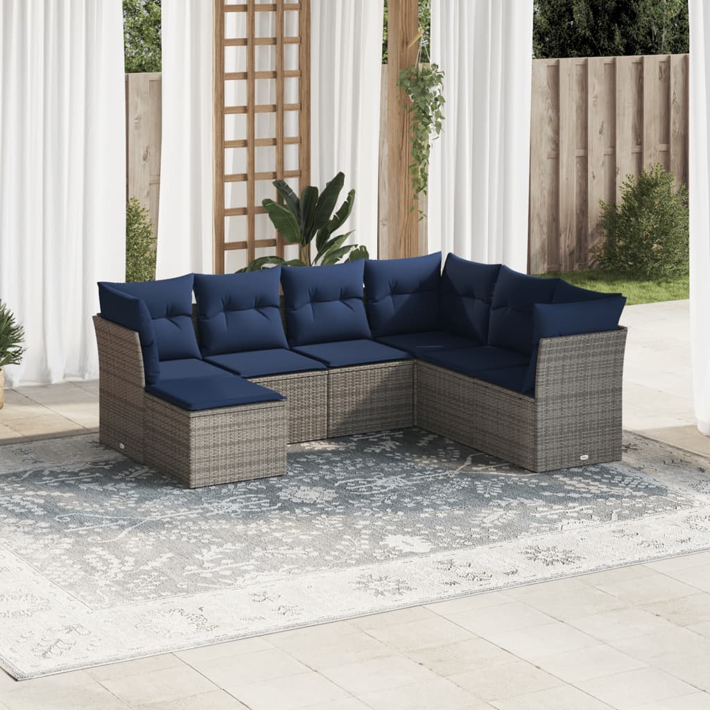 7 pcs conjunto sofás p/ jardim c/ almofadões vime PE cinzento