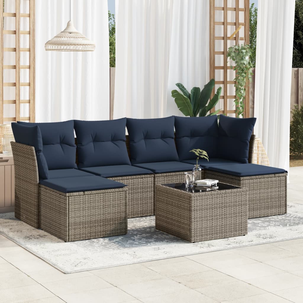 7 pcs conjunto sofás p/ jardim c/ almofadões vime PE cinzento