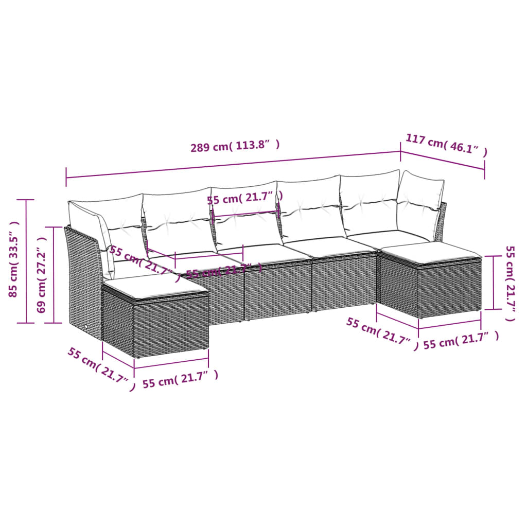 7 pcs conjunto sofás p/ jardim c/ almofadões vime PE cinzento