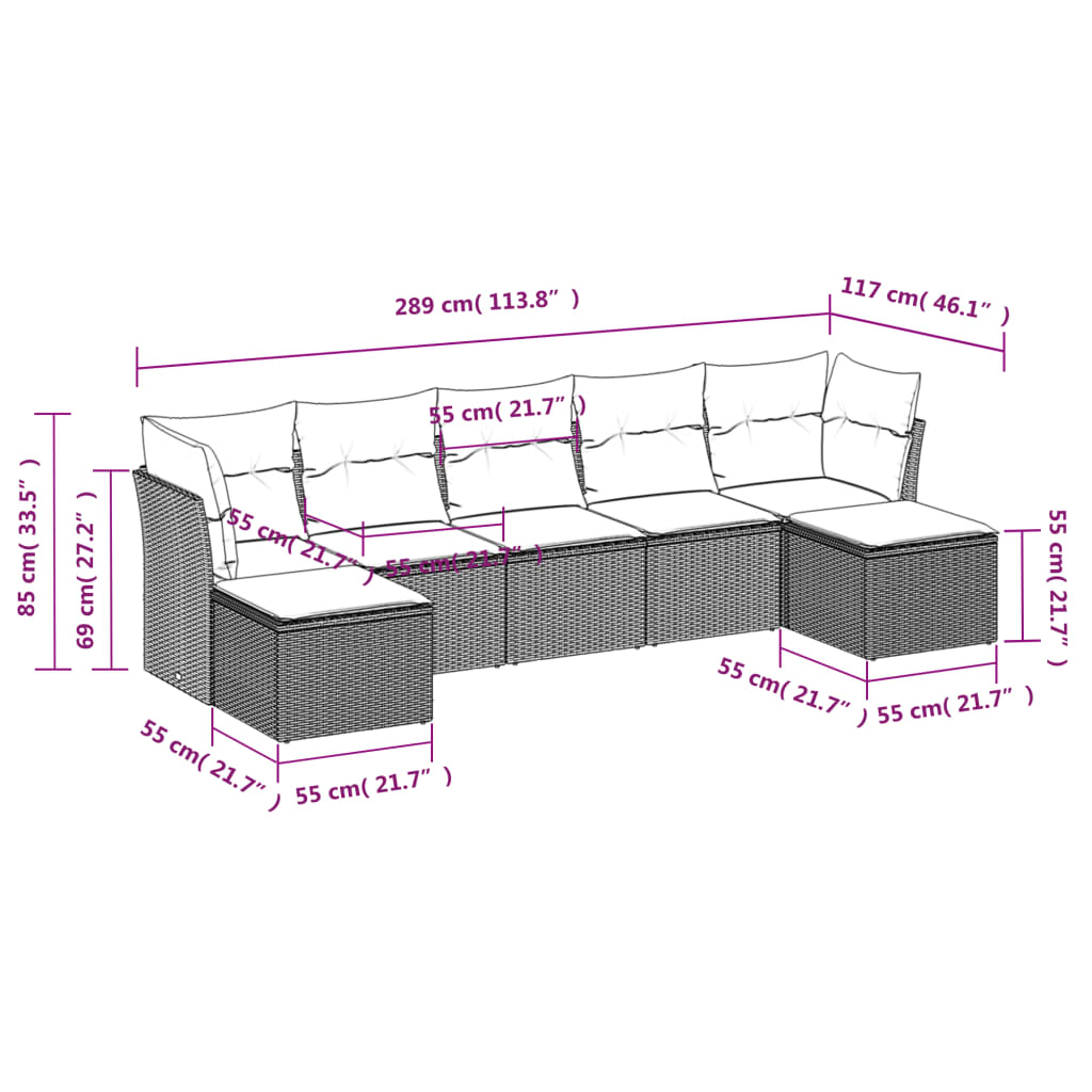 7 pcs conjunto sofás p/ jardim c/ almofadões vime PE cinzento