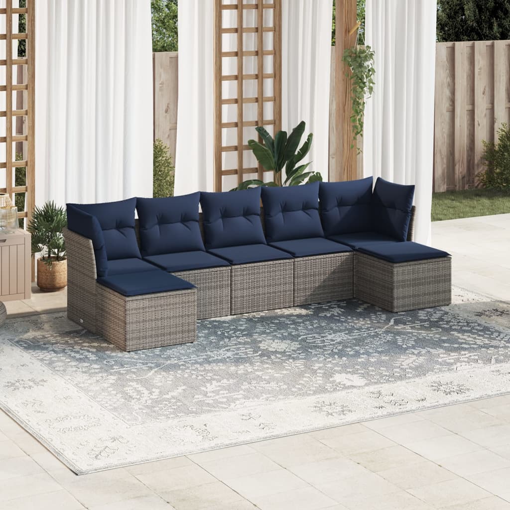 7 pcs conjunto sofás p/ jardim c/ almofadões vime PE cinzento