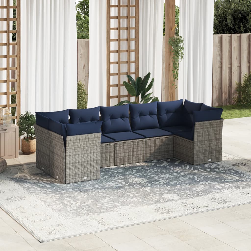7 pcs conjunto sofás p/ jardim c/ almofadões vime PE cinzento