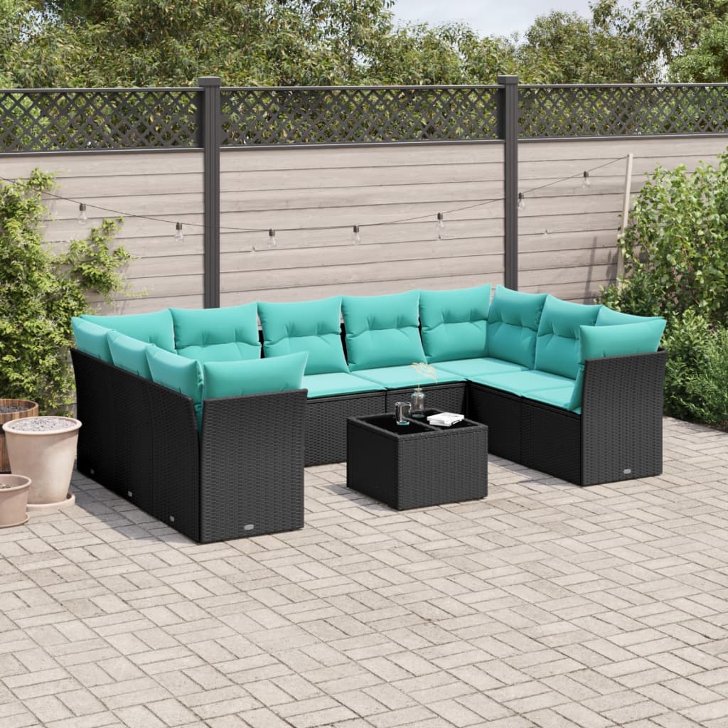 10 pcs conjunto de sofás p/ jardim c/ almofadões vime PE preto