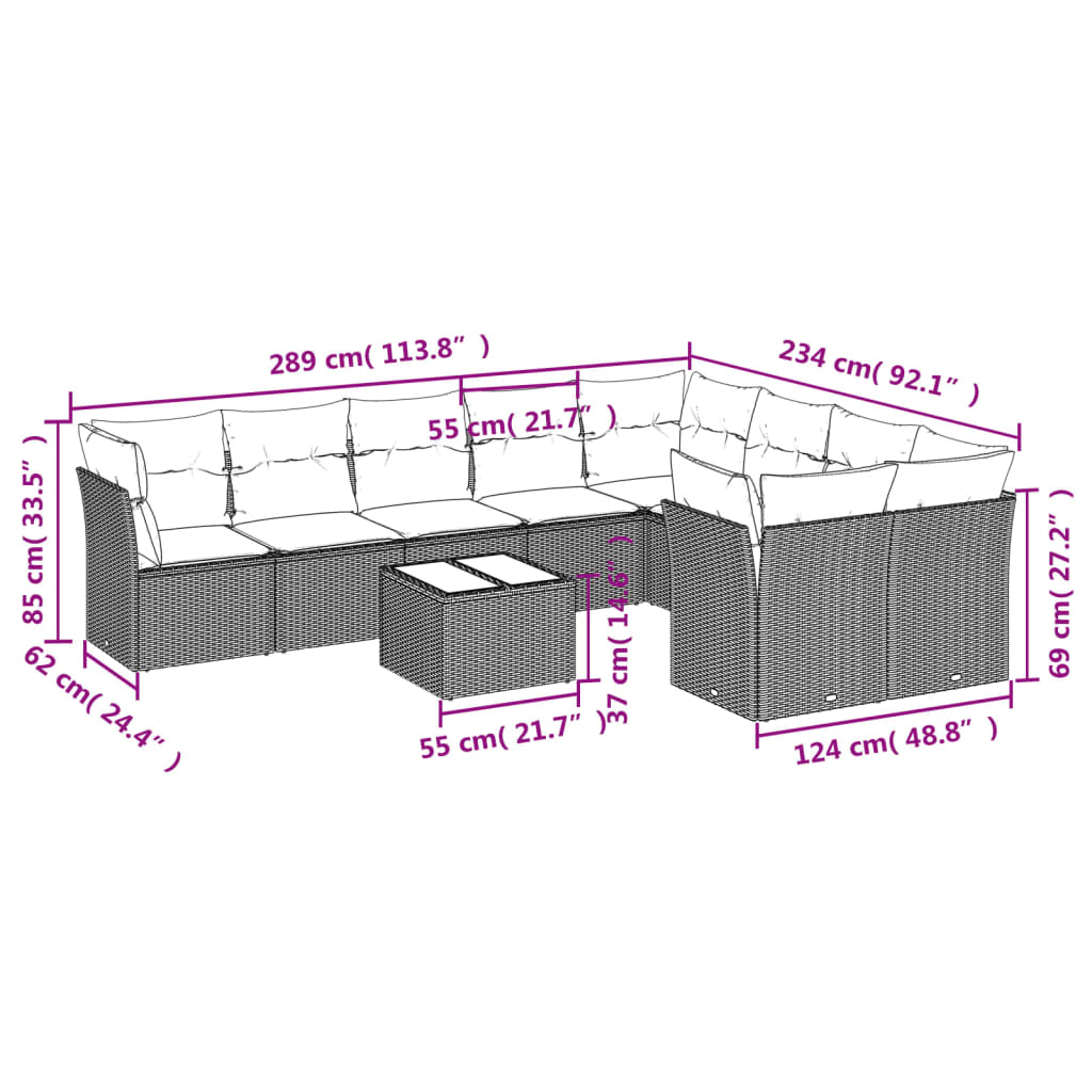 10 pcs conjunto de sofás p/ jardim c/ almofadões vime PE preto
