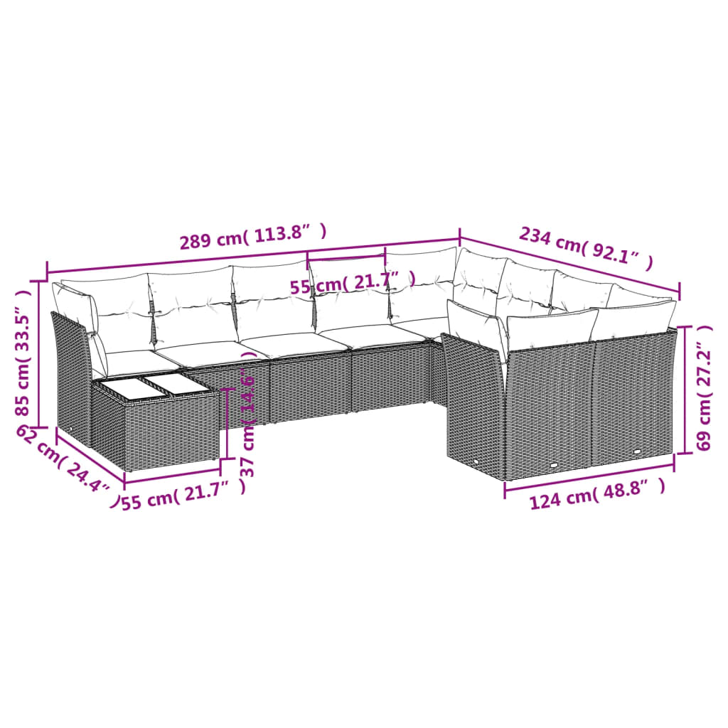 10 pcs conjunto de sofás p/ jardim c/ almofadões vime PE preto