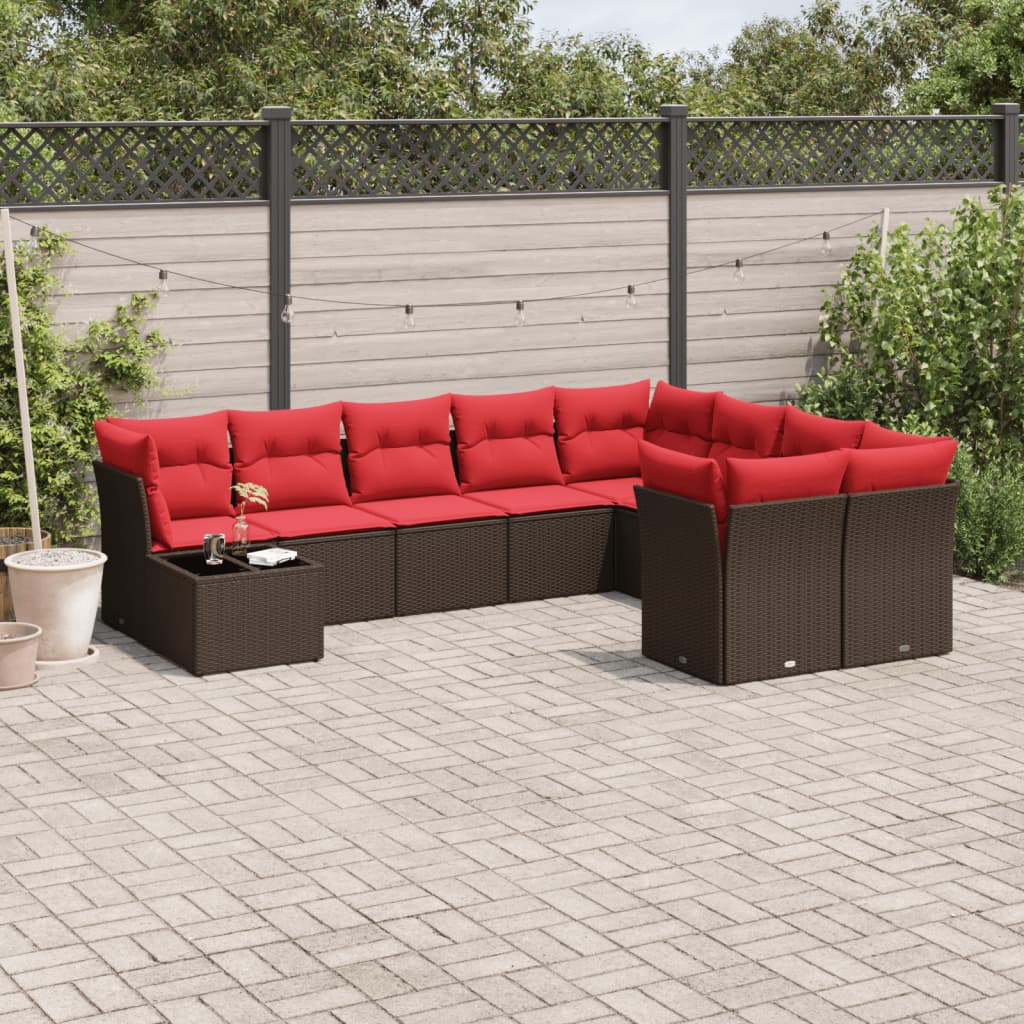 10 pcs conj. sofás jardim com almofadões vime PE castanho