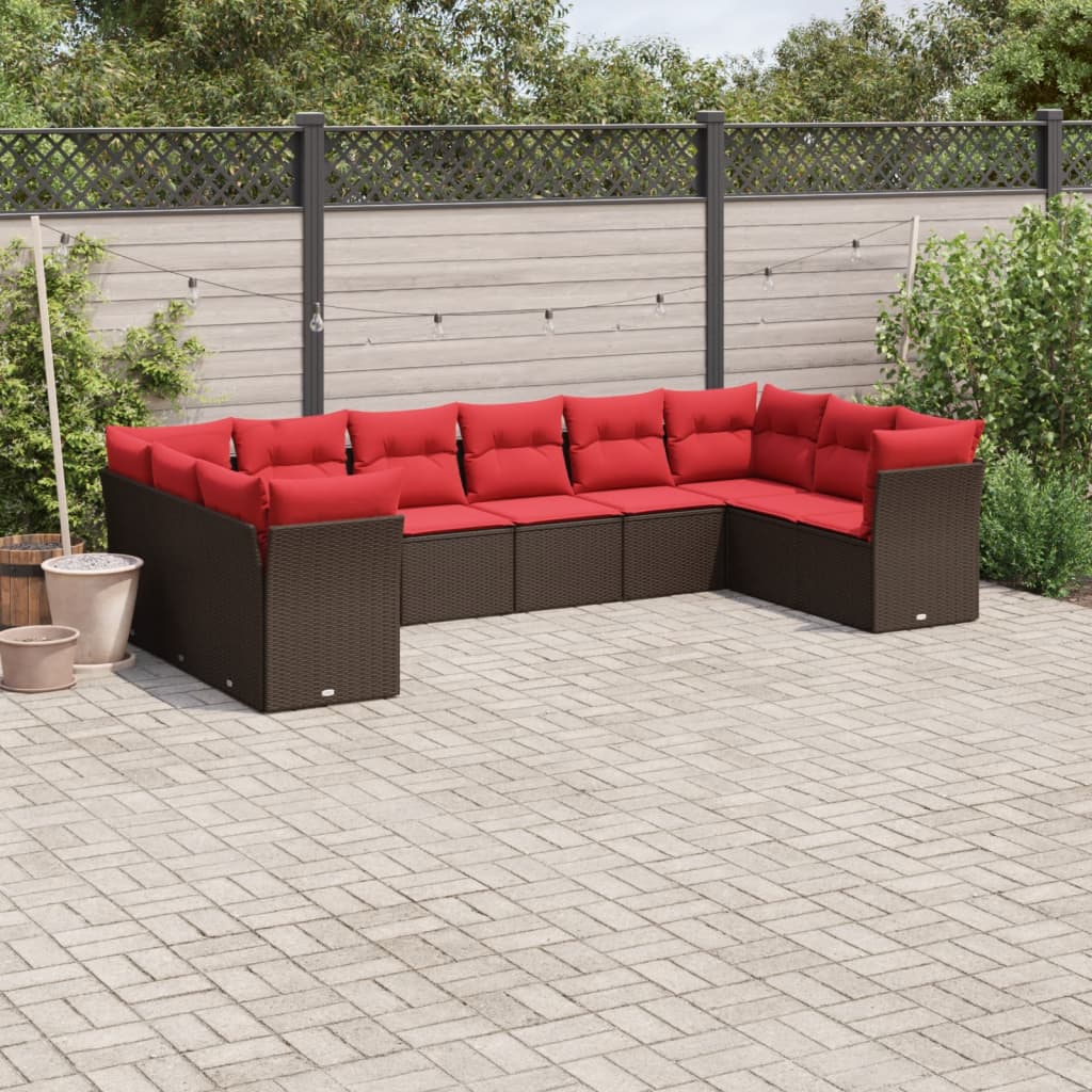 10 pcs conj. sofás jardim com almofadões vime PE castanho