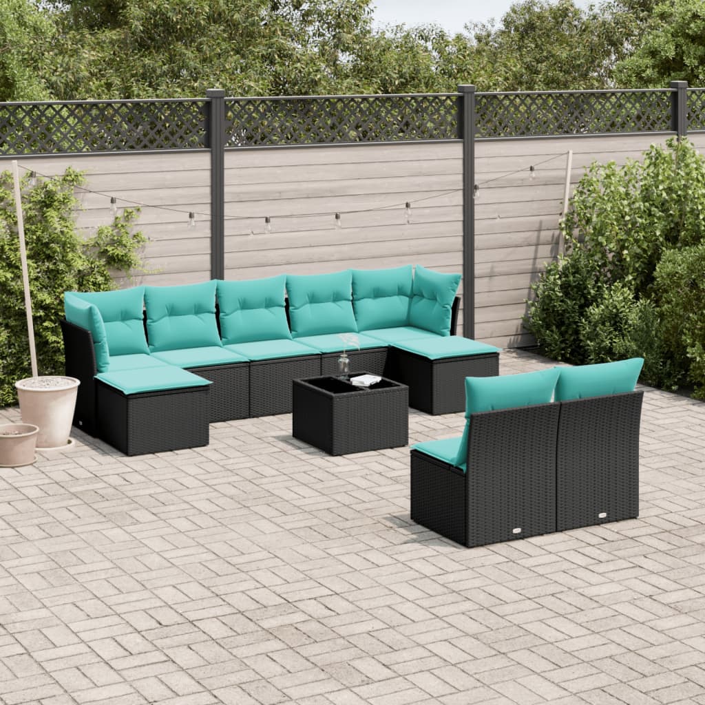 10 pcs conjunto de sofás p/ jardim c/ almofadões vime PE preto