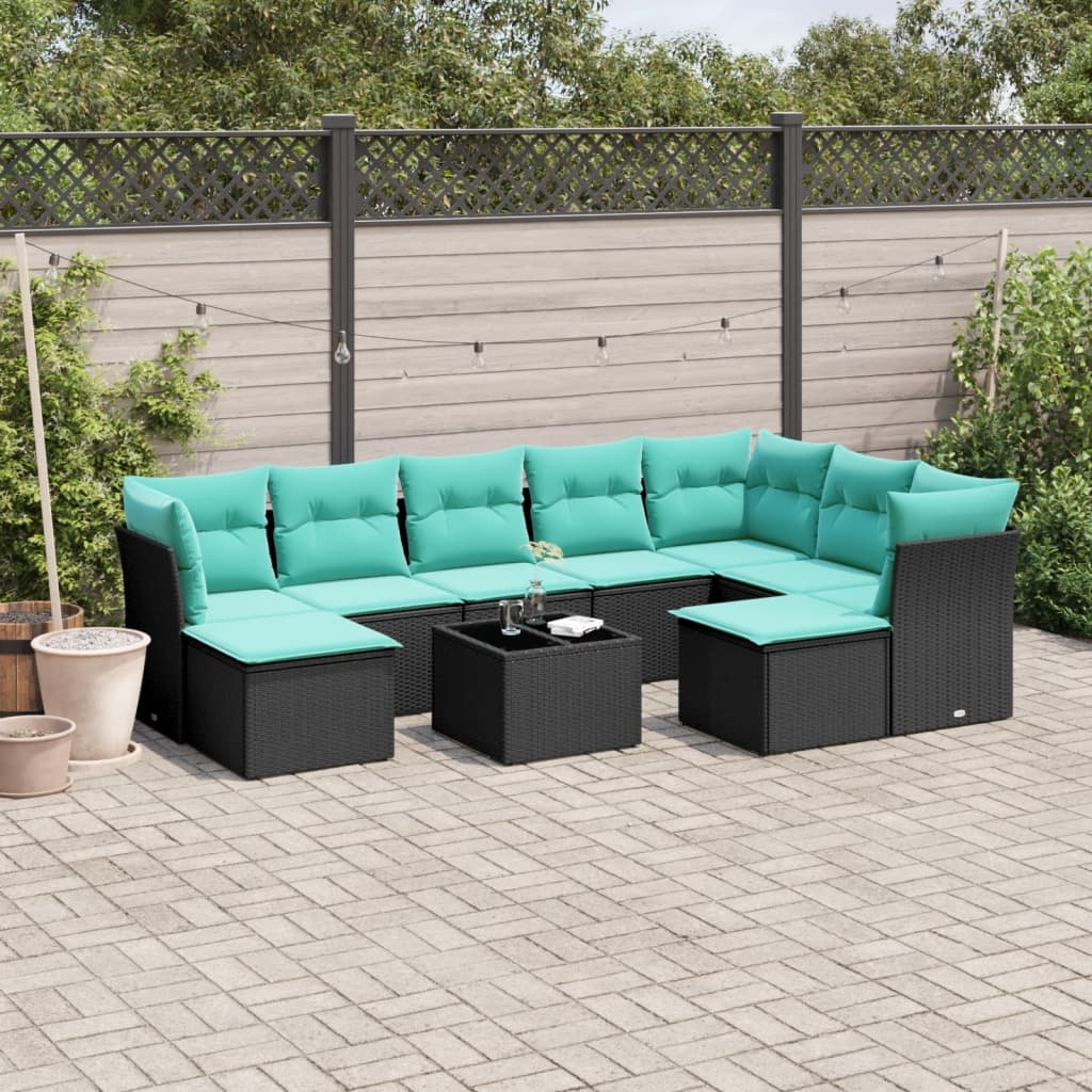 10 pcs conjunto de sofás p/ jardim c/ almofadões vime PE preto