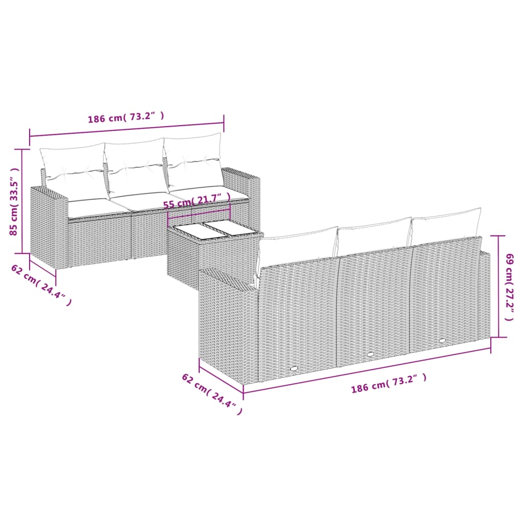 7 pcs conjunto sofás p/ jardim c/ almofadões vime PE cinzento