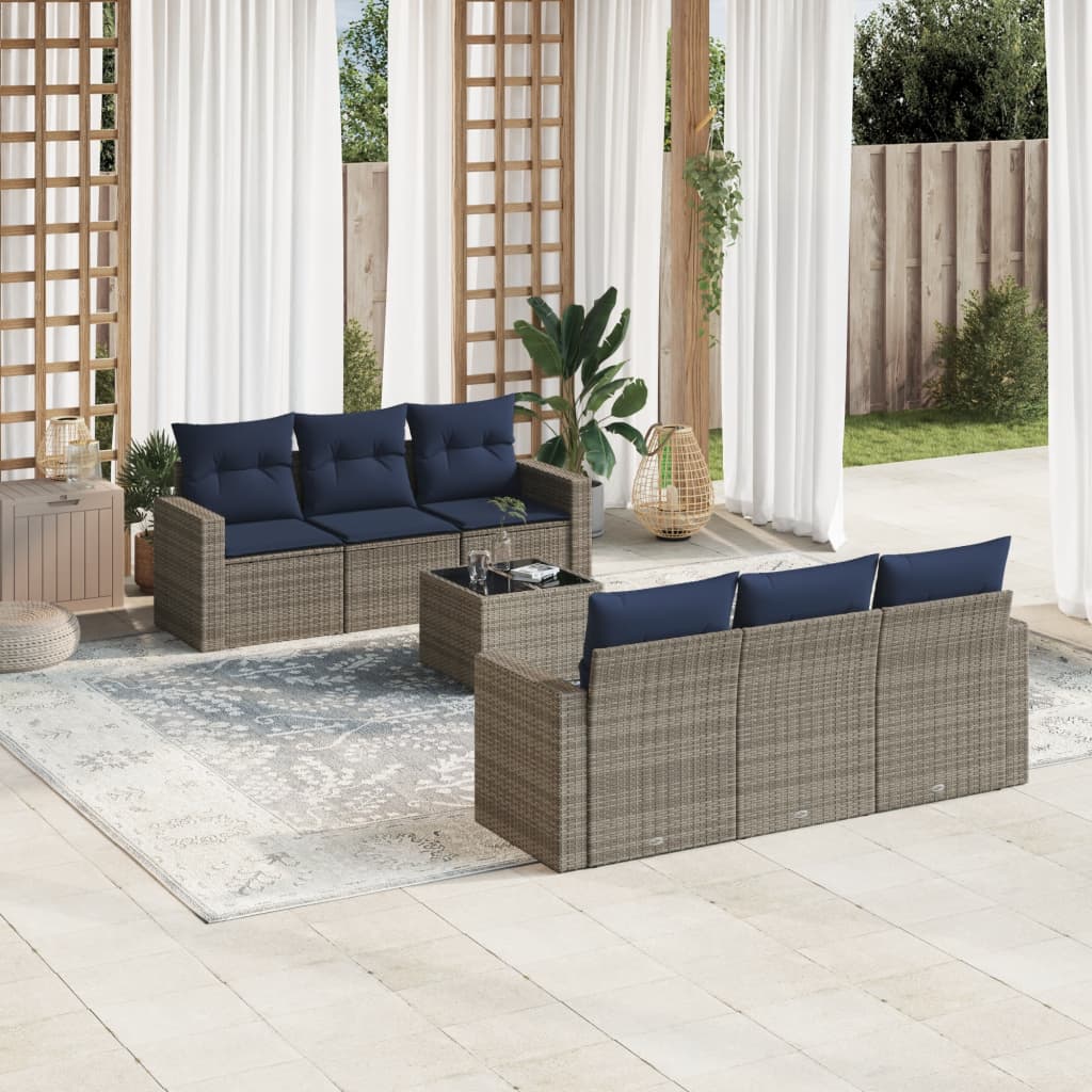 7 pcs conjunto sofás p/ jardim c/ almofadões vime PE cinzento