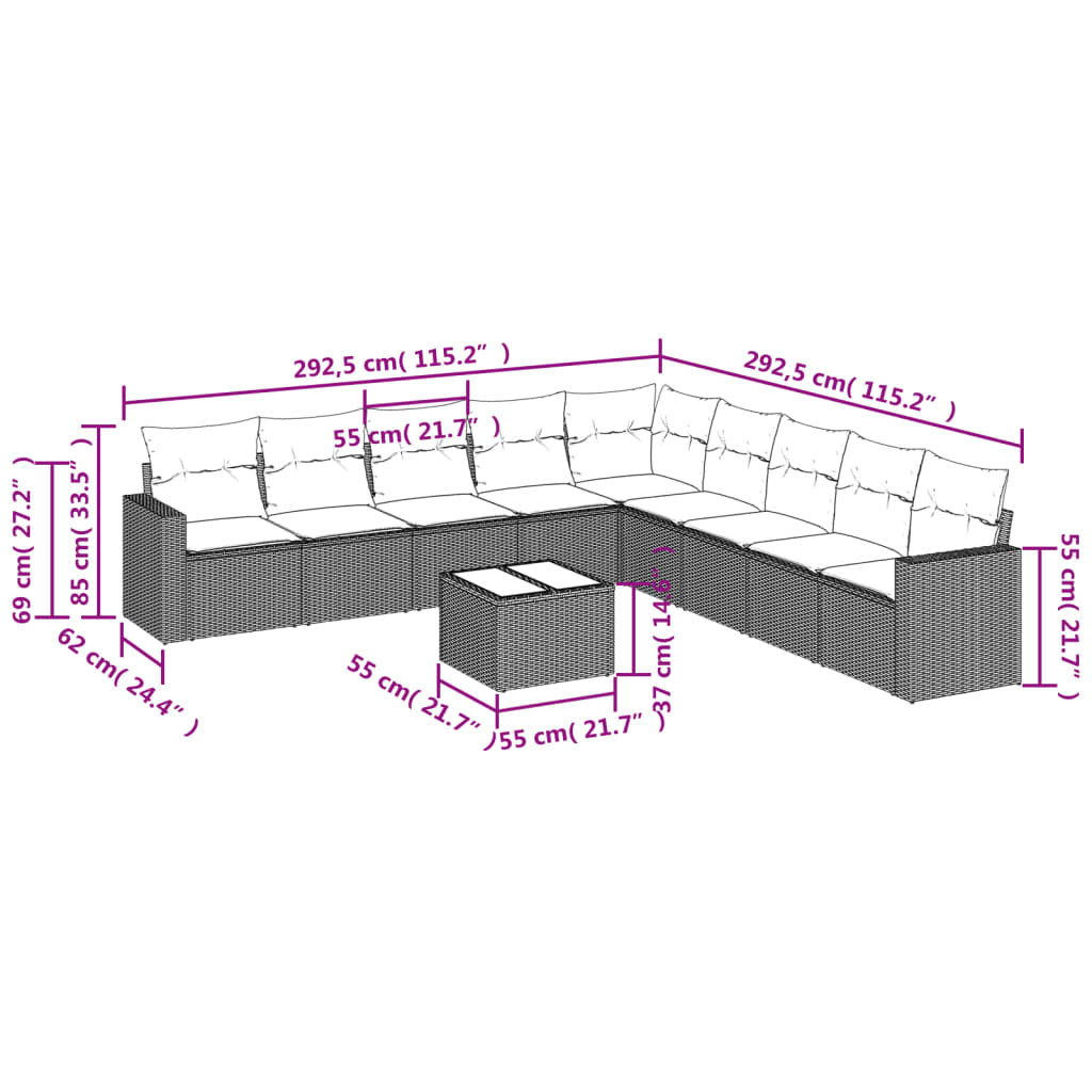 10 pcs conjunto de sofás p/ jardim c/ almofadões vime PE preto