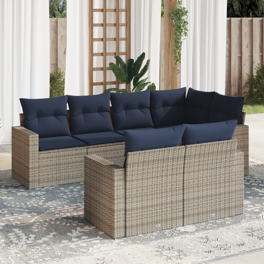 7 pcs conjunto sofás p/ jardim c/ almofadões vime PE cinzento