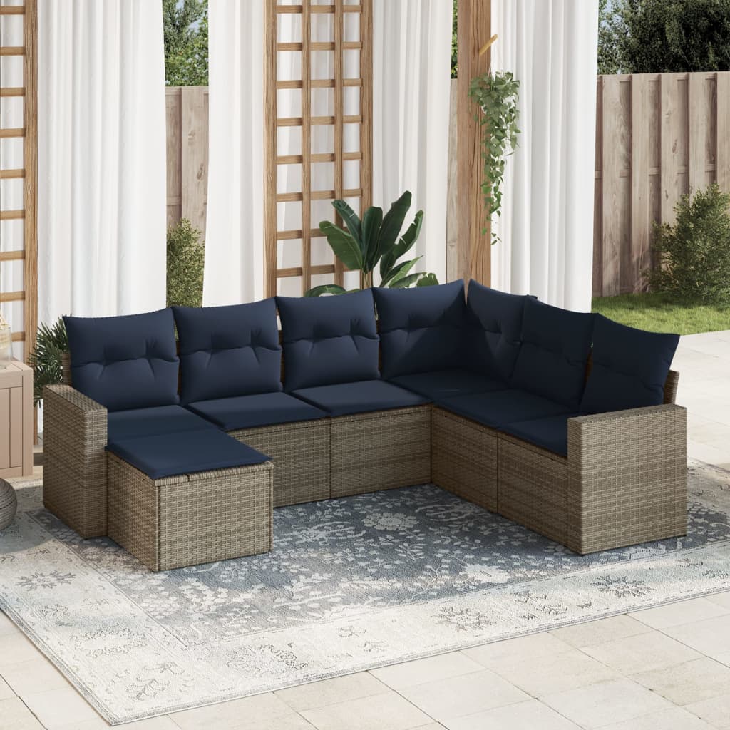7 pcs conjunto sofás p/ jardim c/ almofadões vime PE cinzento