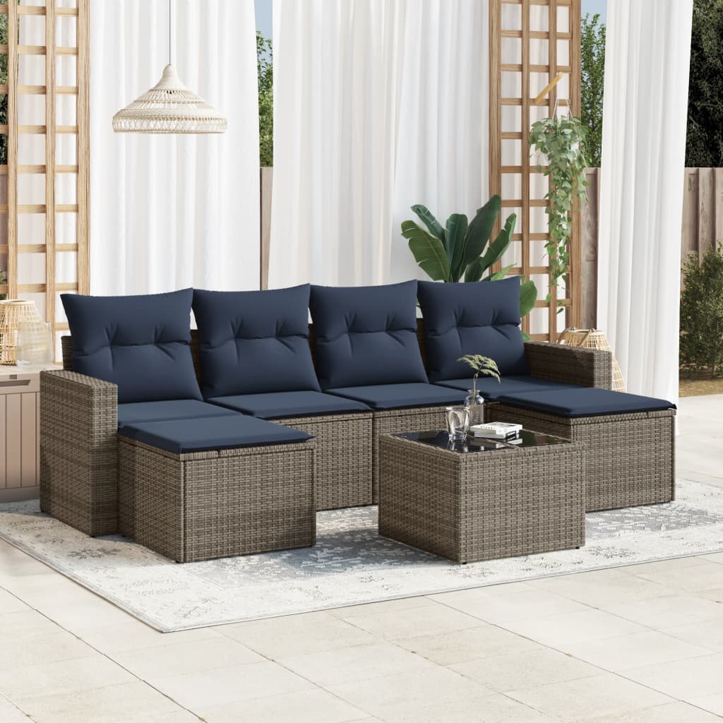7 pcs conjunto sofás p/ jardim c/ almofadões vime PE cinzento