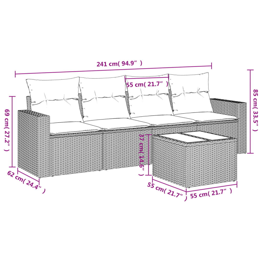 5 pcs conjunto sofás p/ jardim c/ almofadões vime PE cinzento