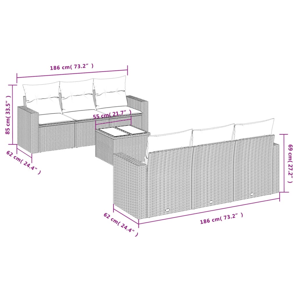 7 pcs conjunto sofás p/ jardim c/ almofadões vime PE cinzento
