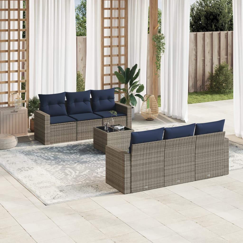7 pcs conjunto sofás p/ jardim c/ almofadões vime PE cinzento