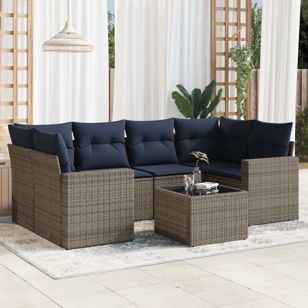7 pcs conjunto sofás p/ jardim c/ almofadões vime PE cinzento