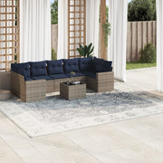 8 pcs conjunto sofás p/ jardim c/ almofadões vime PE cinzento