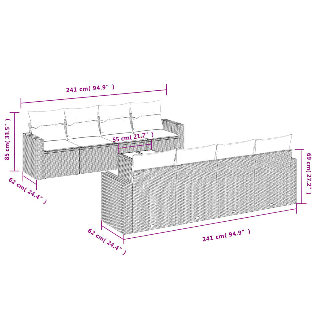 9 pcs conjunto sofás p/ jardim c/ almofadões vime PE castanho