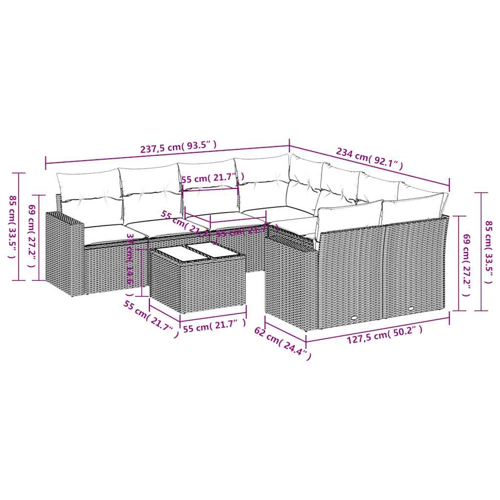 9 pcs conjunto de sofás p/ jardim com almofadões vime PE bege