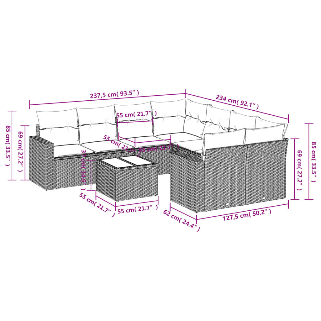 9 pcs conjunto sofás p/ jardim com almofadões vime PE cinzento