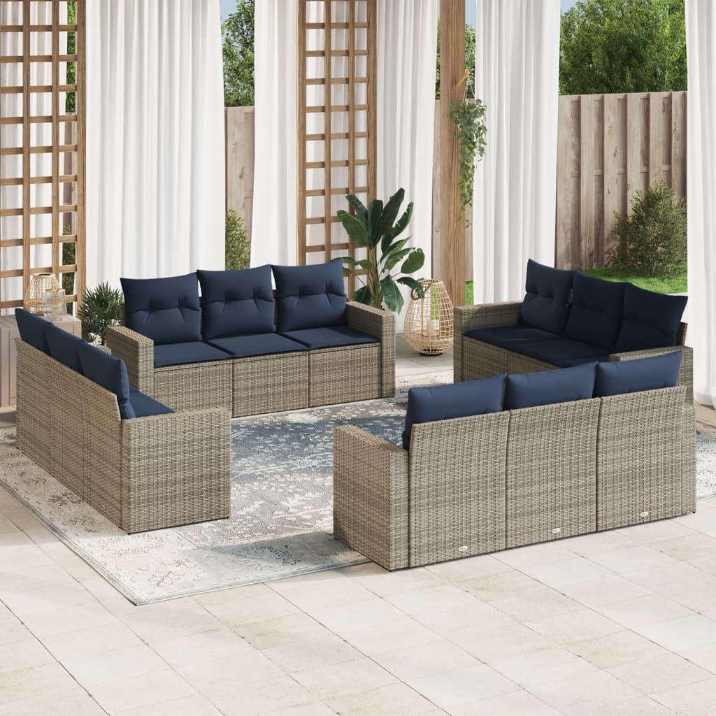 12 pcs conjunto sofás p/ jardim c/ almofadões vime PE cinzento